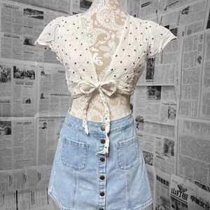 American Eagle White Polka Dot Tie Front Crop Top Women's Medium Y2K Festival